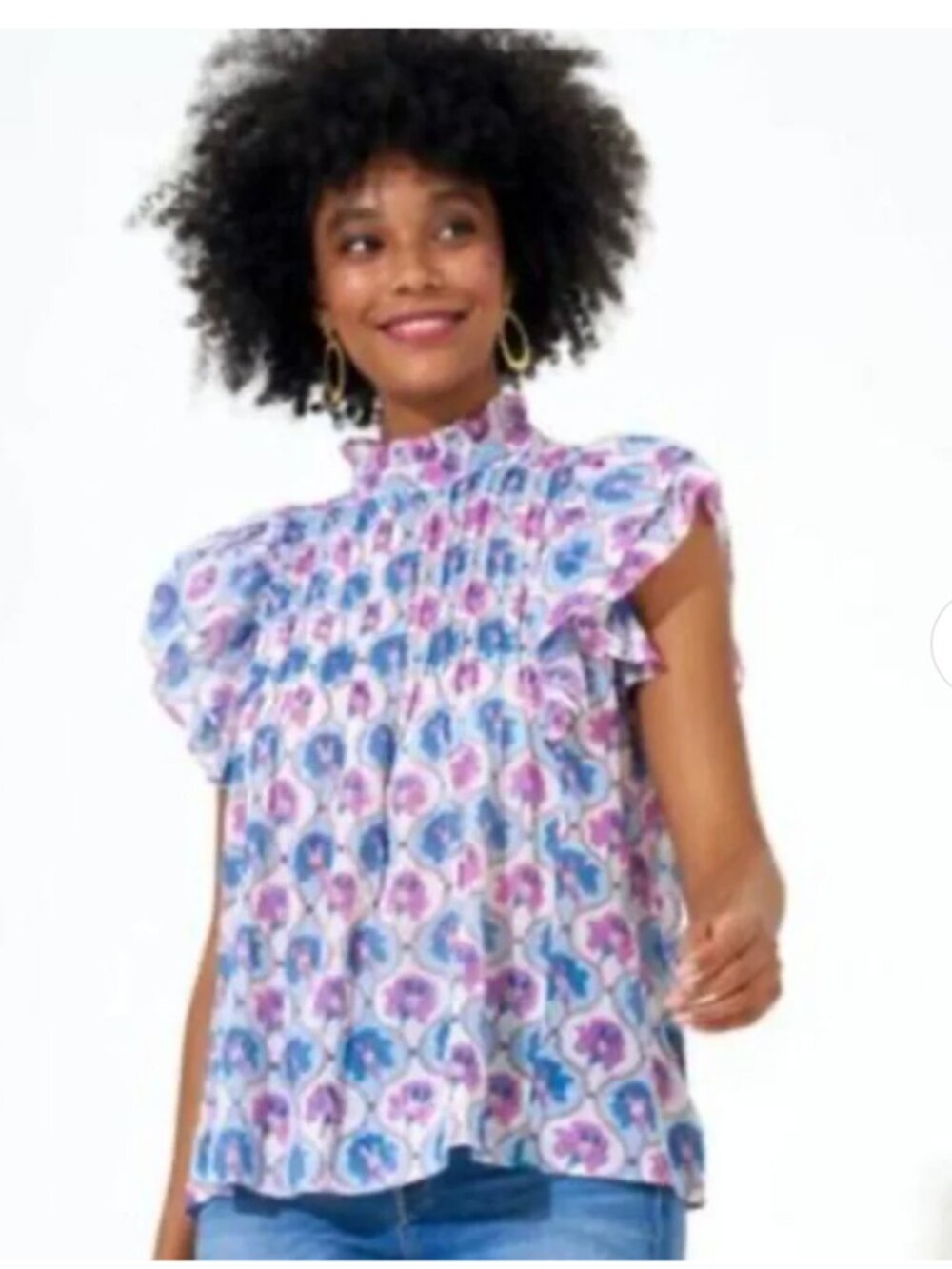 Oliphant Pintuck Ruffle Sleeve Top blue & purple